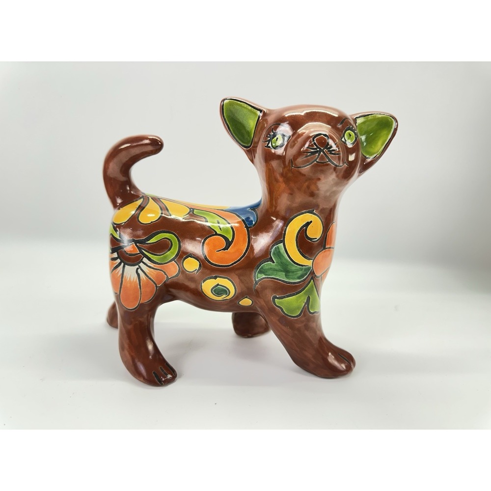 Talavera Cat Figurine Mexico Hand Painted Pottery Floral Folk Art 9.5"